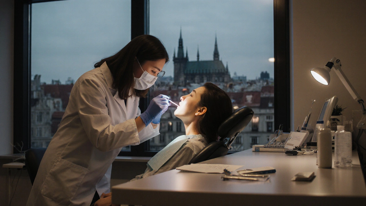 Dentista v pražské pohotovosti provádí rychlý streptokokový test.