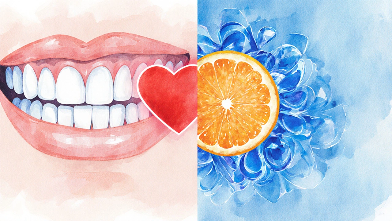 Ilustrace spojující čtyři typy zubů s abstraktními symboly zdraví: srdce, glukóza, citrus, stresová vlna.