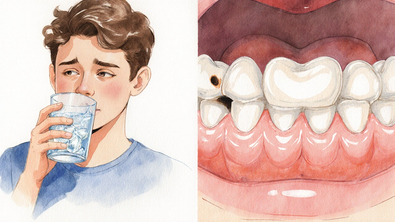 Osoba kroutí hlavou při pití studené vody, vedle temná skvrna na zubu.