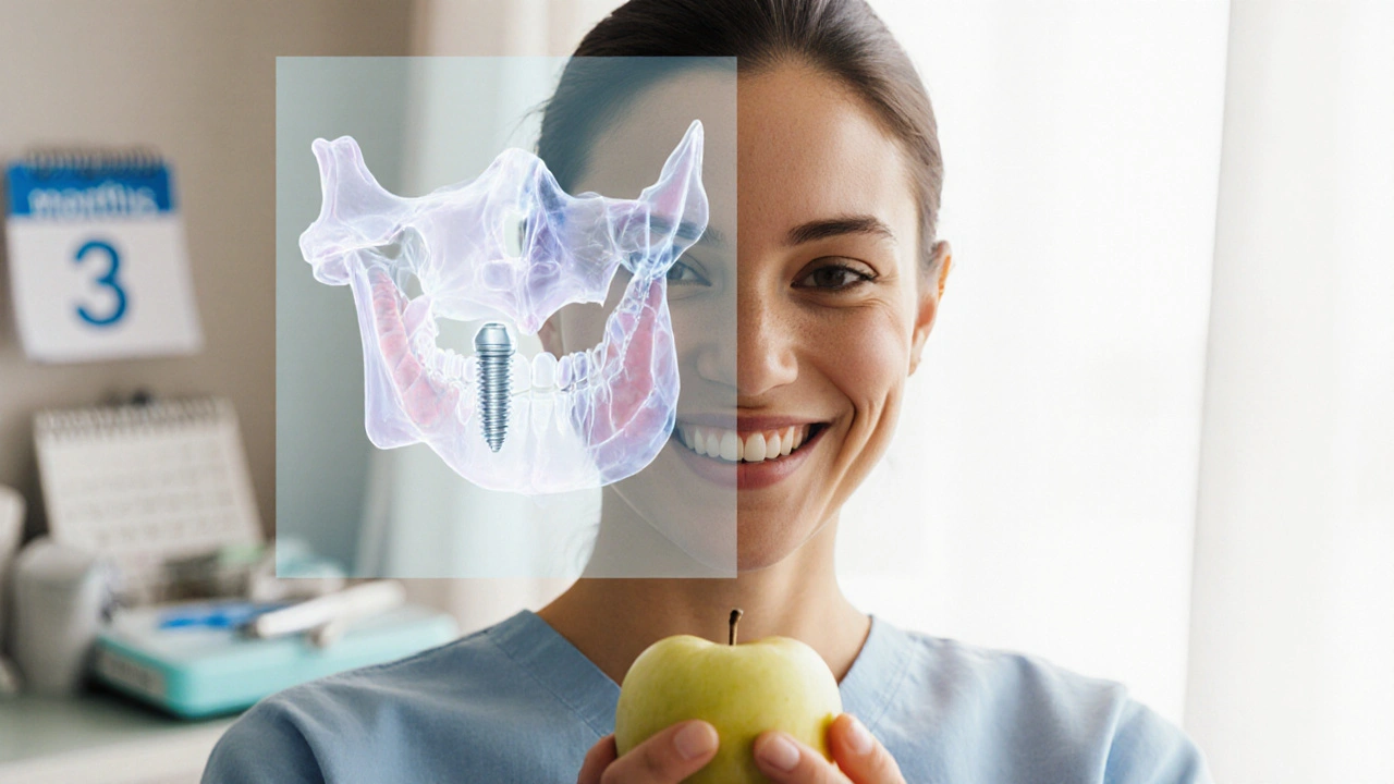 Pacient jí jablko s implantátem úspěšně integrovaným do čelisti.