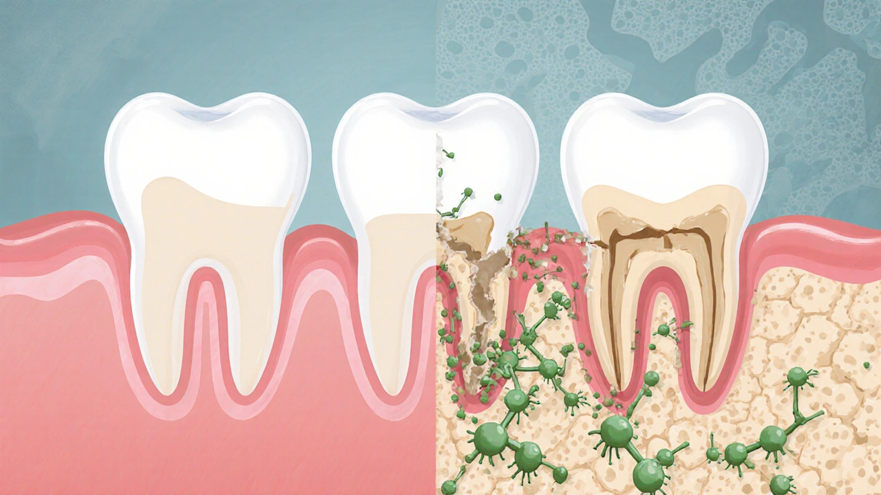 Porovnání zdravých a postižených dásní s ničením kosti pod nimi.