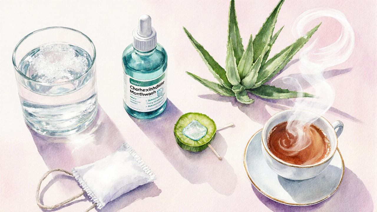 Rozložení domácích přípravků: slaná voda, chlorhexidin, aloe vera, ledová komprese a heřmánkový čaj.