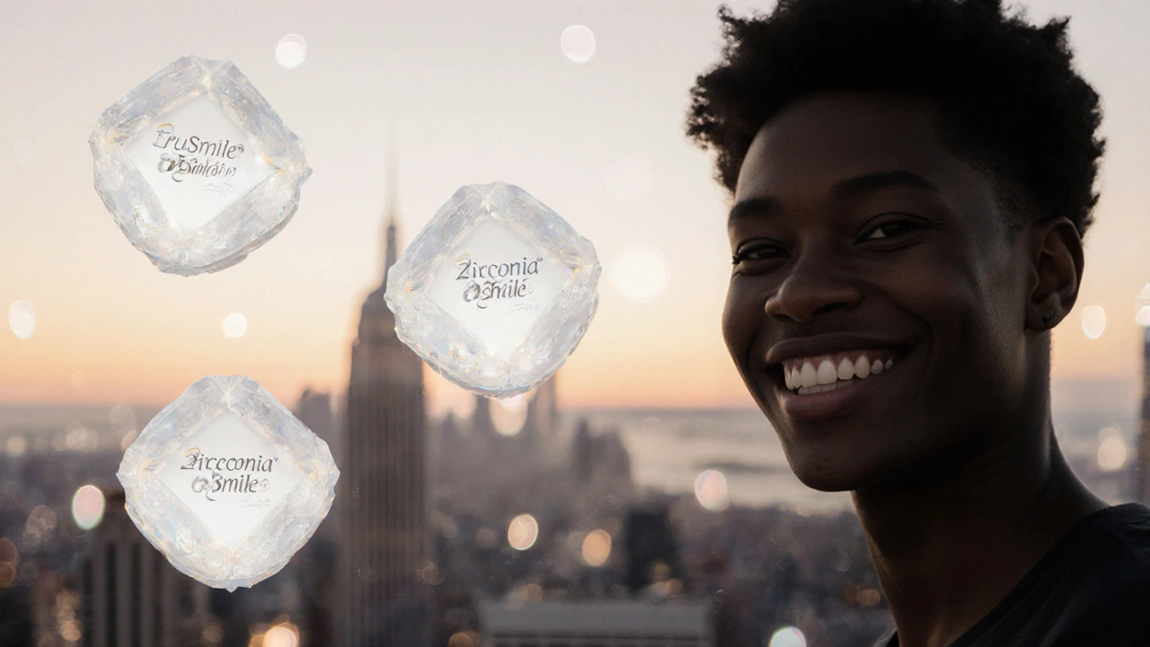 Tři kvalitní dočasné zuby svítí jako drahokamy s pozadím města a smíchem.
