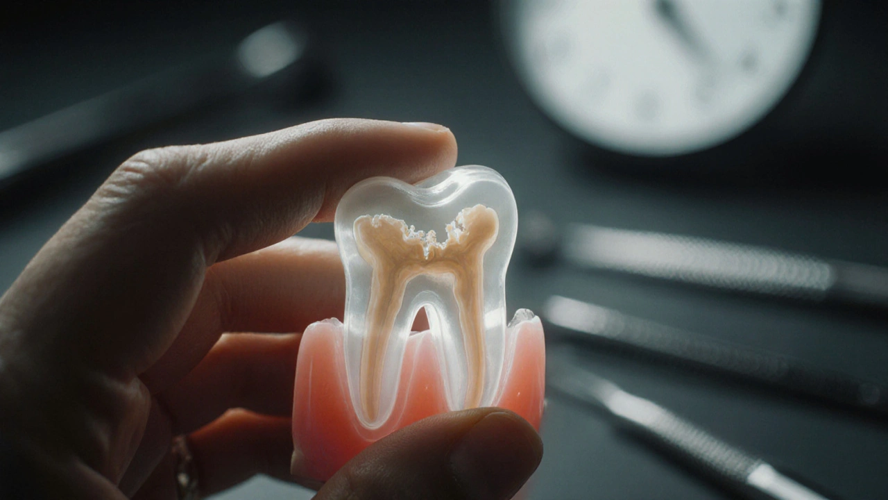 Uvolněný zub v dásni s viditelným ztraceným kostním podkladem.