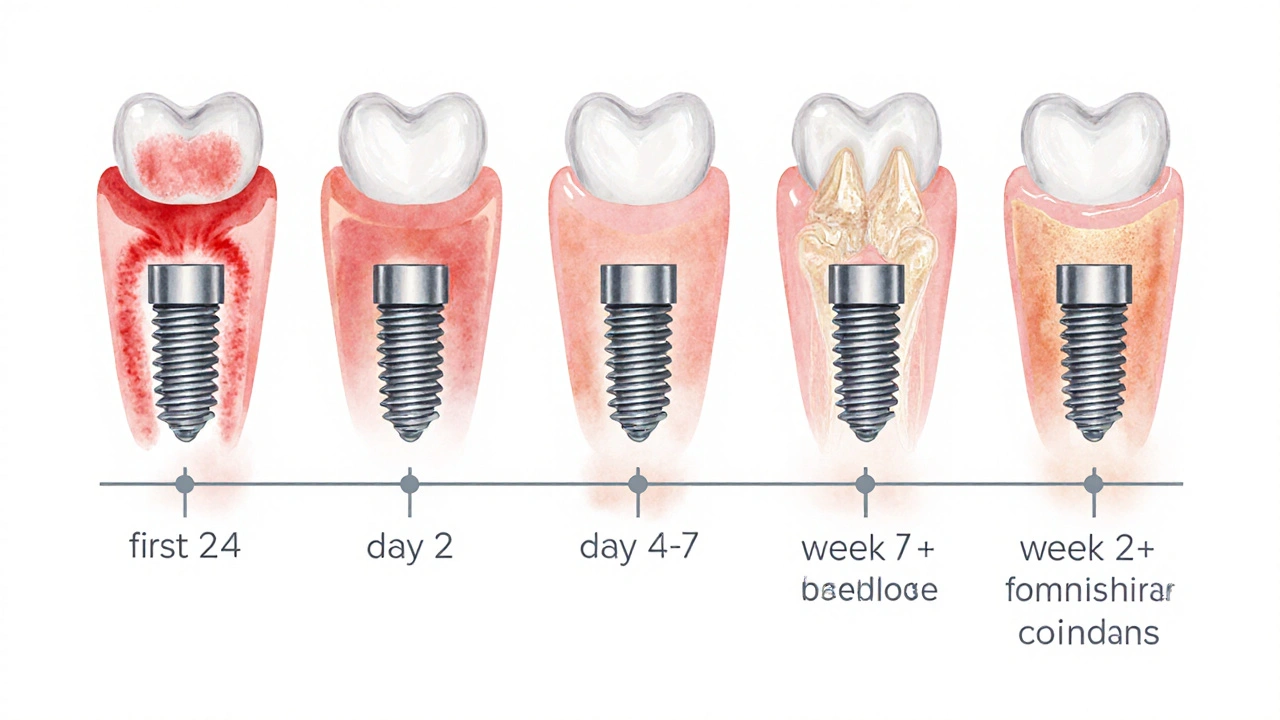 Vizualizace hojení zubního implantátu v průběhu týdnů.