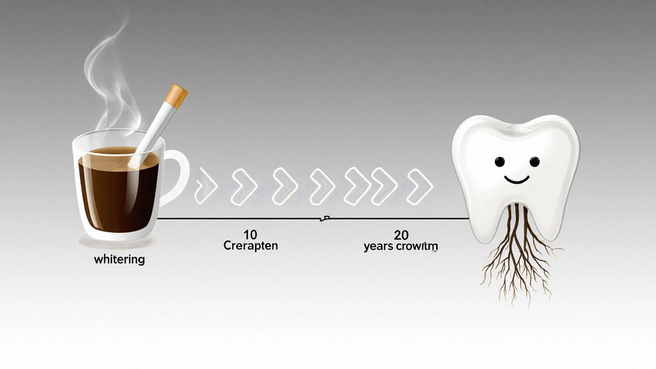Vizuální srovnání opakovaného bělení a trvalé keramické korunky vedoucí k stejnému úsměvu.