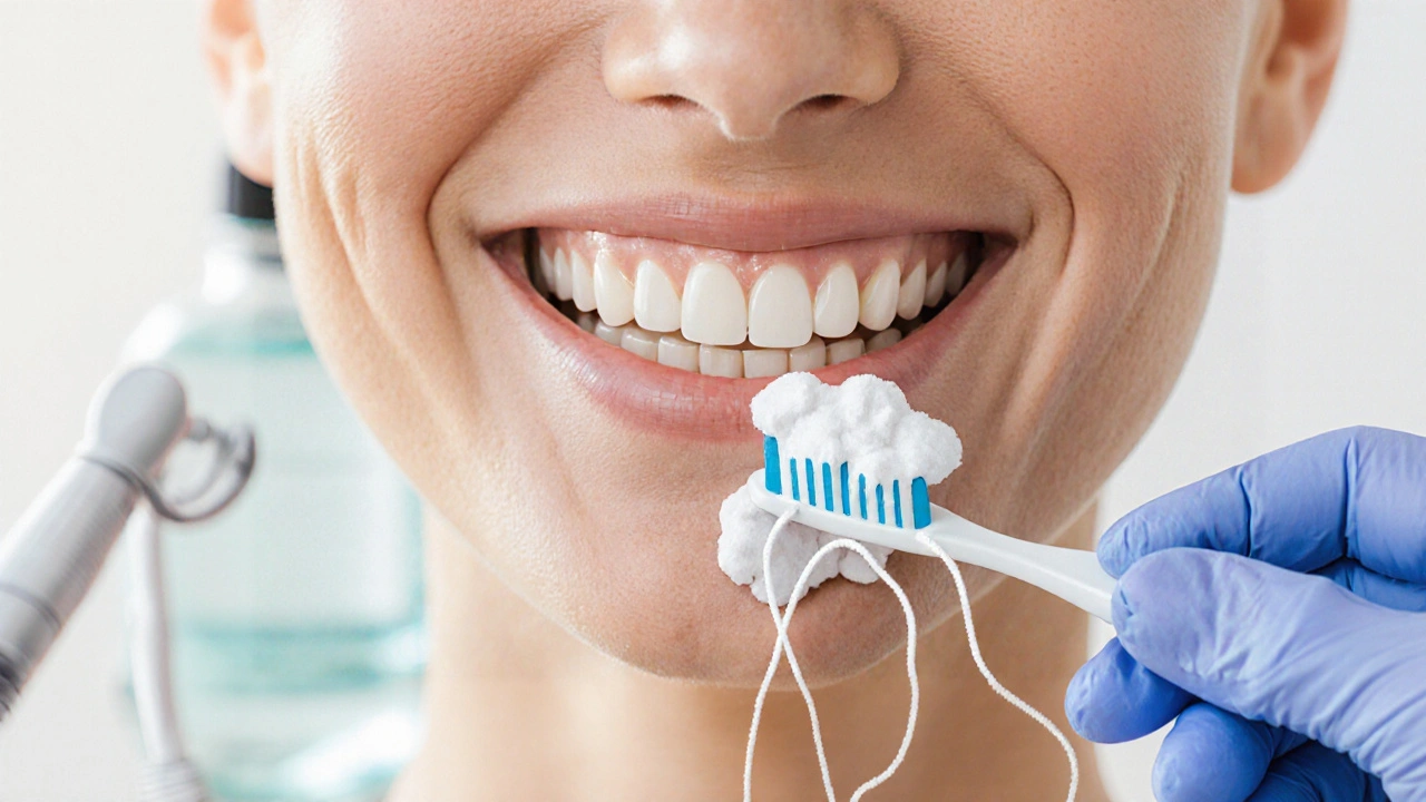 Zářivý úsměv s kartáčkem, zubní nití, ústní vodou a dentální hygienou.