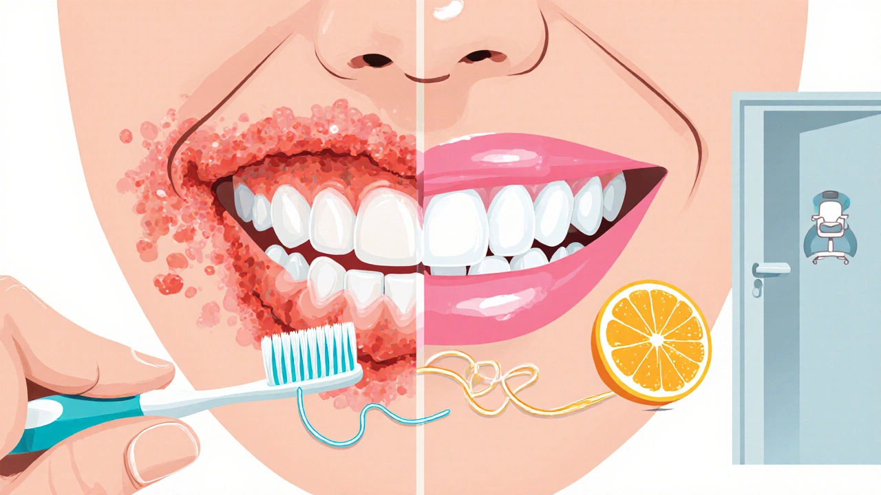 Zdravé dásně po správné hygieně s kartáčkem, dentální niťí a vitamínem C, vedle zubního lékaře.