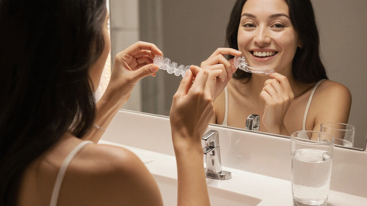 Žena přikládá pružný zubní rámeček přes vlastní zuby v koupelně.