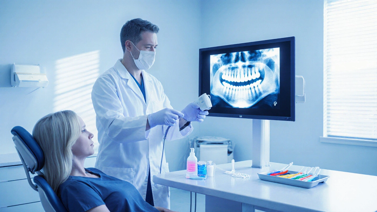 Zubař vyšetřuje pacienta pomocí rentgenu, vidět zubní ošetření.