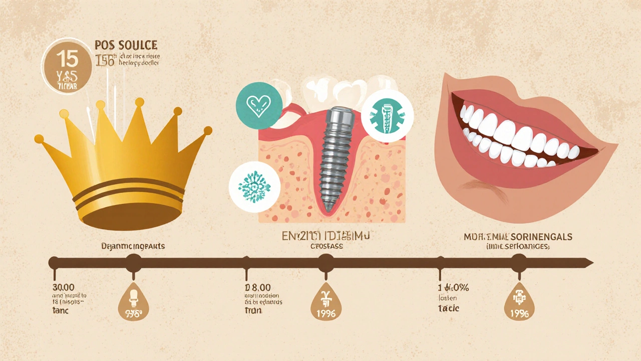Časová osa ukazující životnost zubních náhrad: korunka, implantát a protéza.