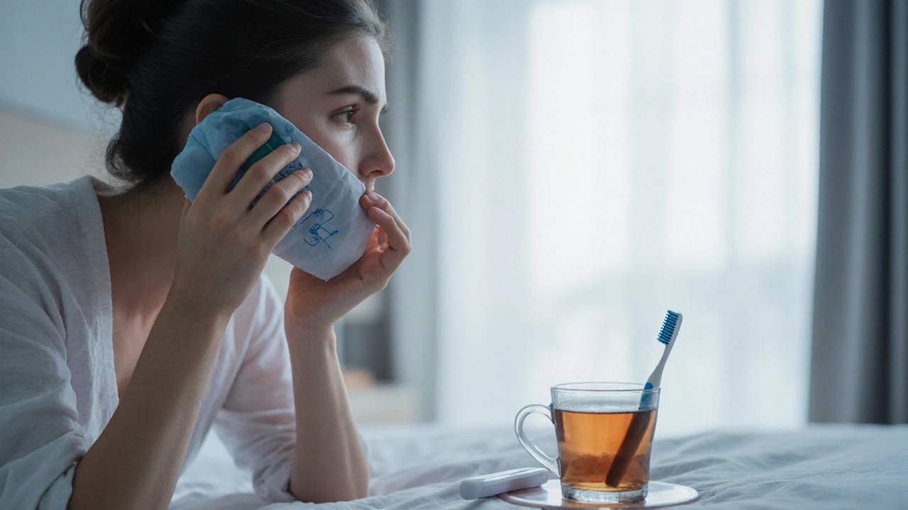 Chlazená komprese na tváři vedle měkkého kartáčku pro hojení.