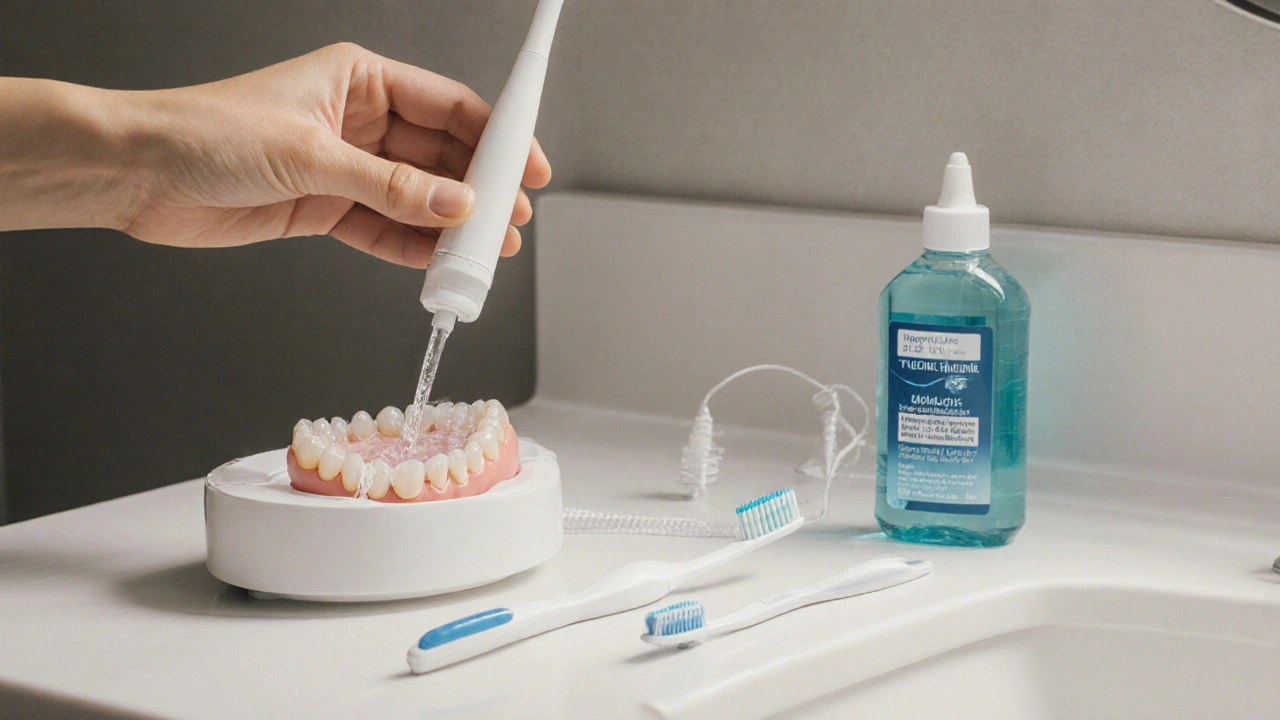 Denní rutina čištění pod můstkem: irigátor, kartáček a gel na stole vedle kartáčku.