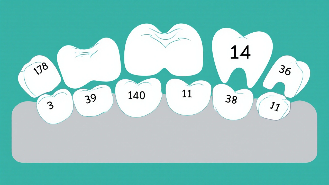 Dental arch s číslováním zubů podle systému FDI