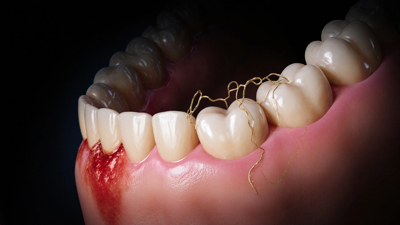 Diagramatický pohled na hojící se dásně po léčbě parodontitidy.