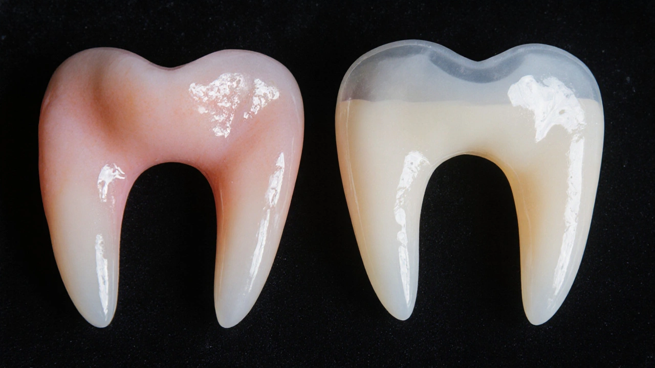Dva typy dočasných zubů vedle sebe na černém hedvábí, viditelný rozdíl v materiálu.