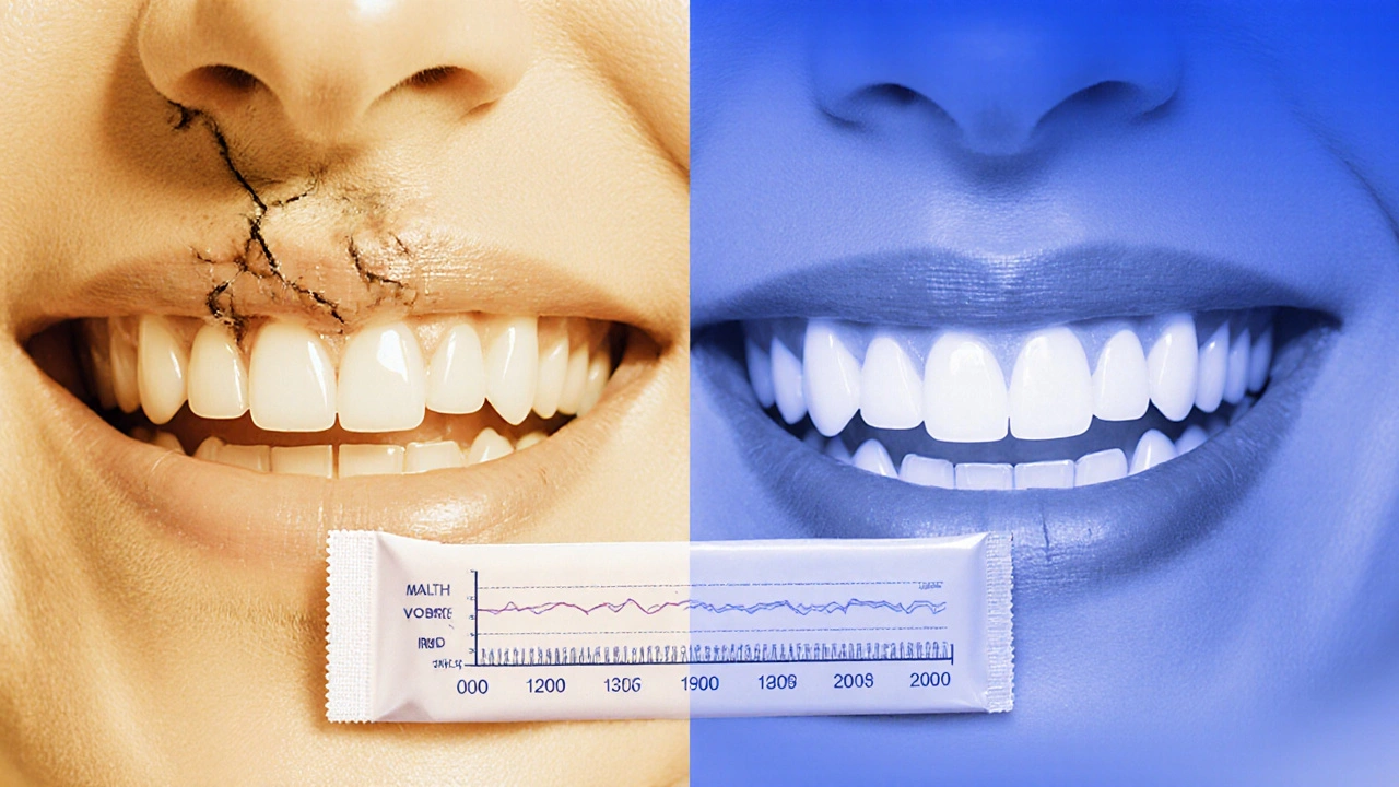 Dvoučelný obrázek: poškozené zuby z domácího bělení vlevo, zdravé bílé zuby z kliniky vpravo.