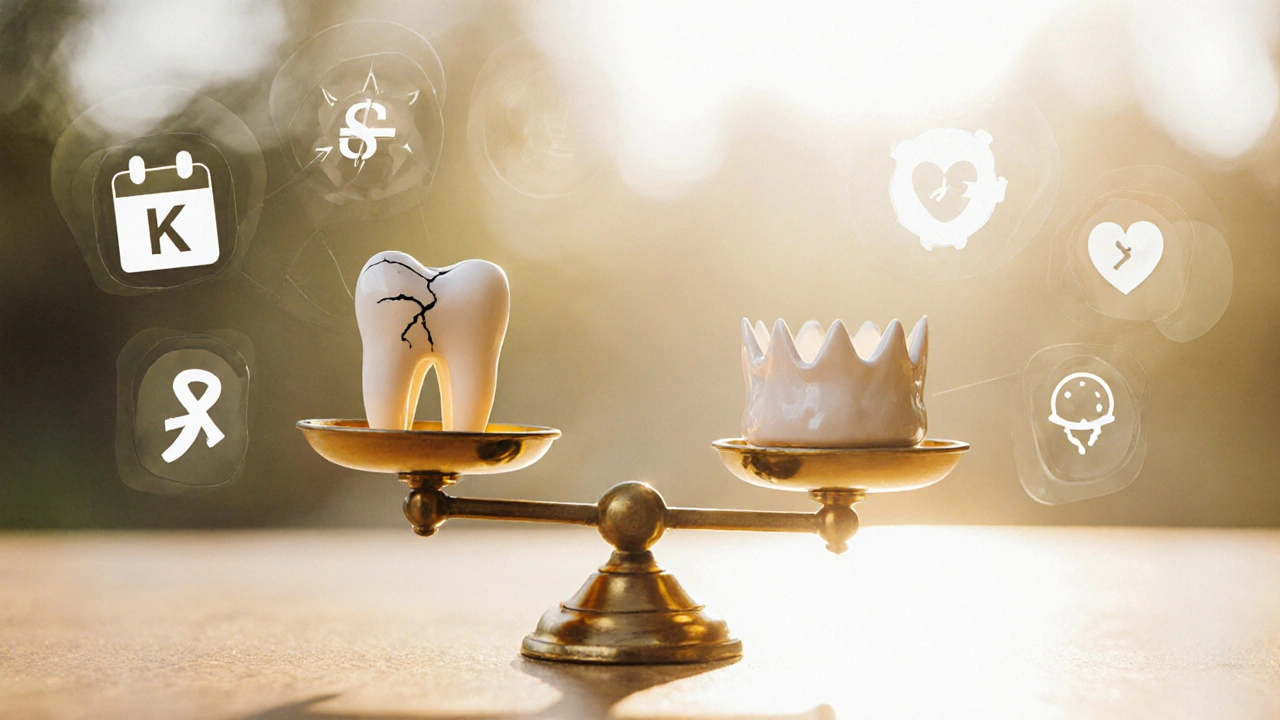 Golden scale balancing a damaged tooth against a ceramic crown, symbolizing long-term value.
