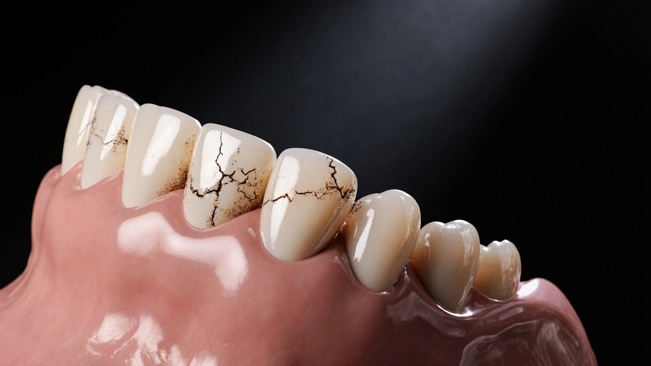 Keramické fazety nad čelistí s jemnými známkami opotřebení a nánosů plaku.