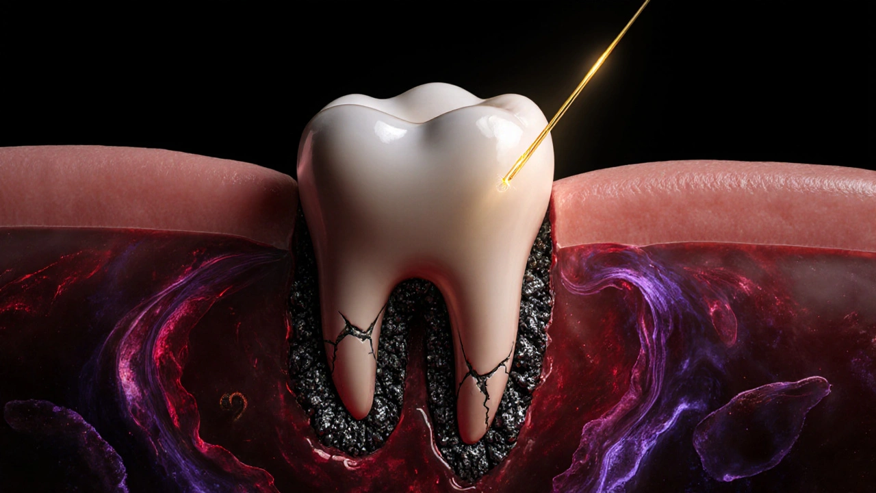 Konceptuální znázornění ztráty kosti kolem zubu kvůli zubnímu kamenu pod dásní.