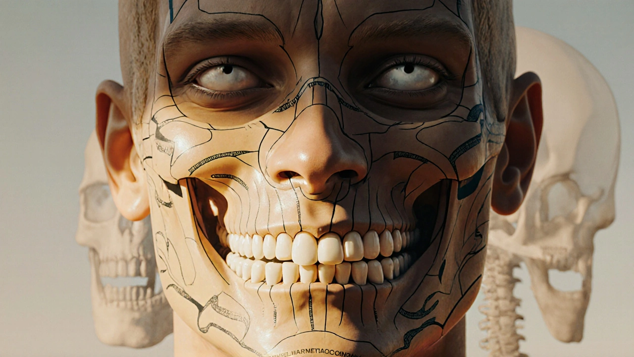 Lidský obličej složený z prvků zubů, kde zuby tvoří rysy tváře a čísla označují jejich polohu.