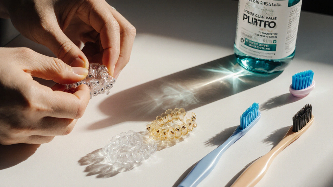 Nové gumičky na rovnátkách vedle použitých zbarvených a čisticích nástrojů.