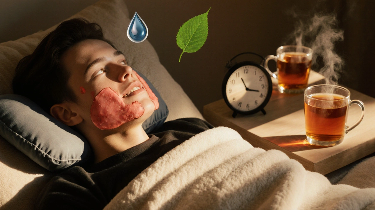 Osoba odpočívá s teplou čajem a ohřívačem na čelisti.