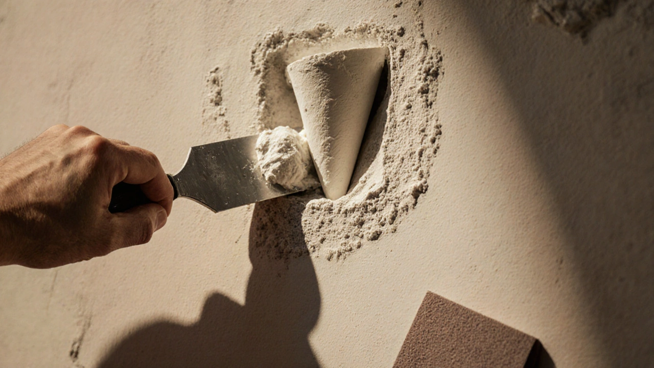 Osoba vyplňuje díru omítkovou náplní špachtlí.