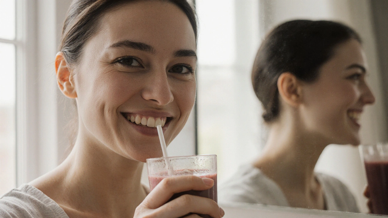 Pacient po operaci čelisti pije smoothie s mírným otokem a úsměvem.
