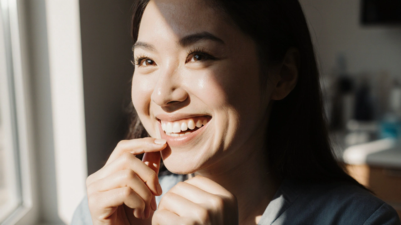 Pacient se usmívá s novými zubními fazetami.