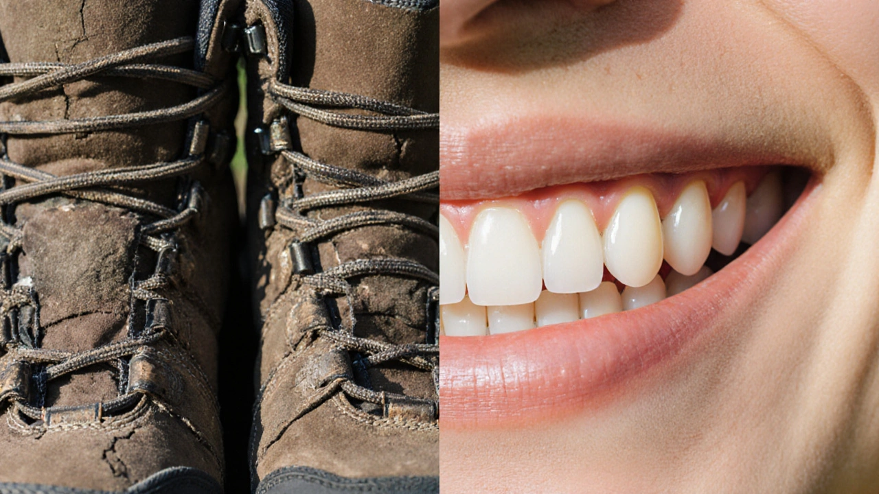 Porovnání opotřebovaných bot a zubů jako symbol dlouhodobého poškozování způsobeného malými nerovnostmi.