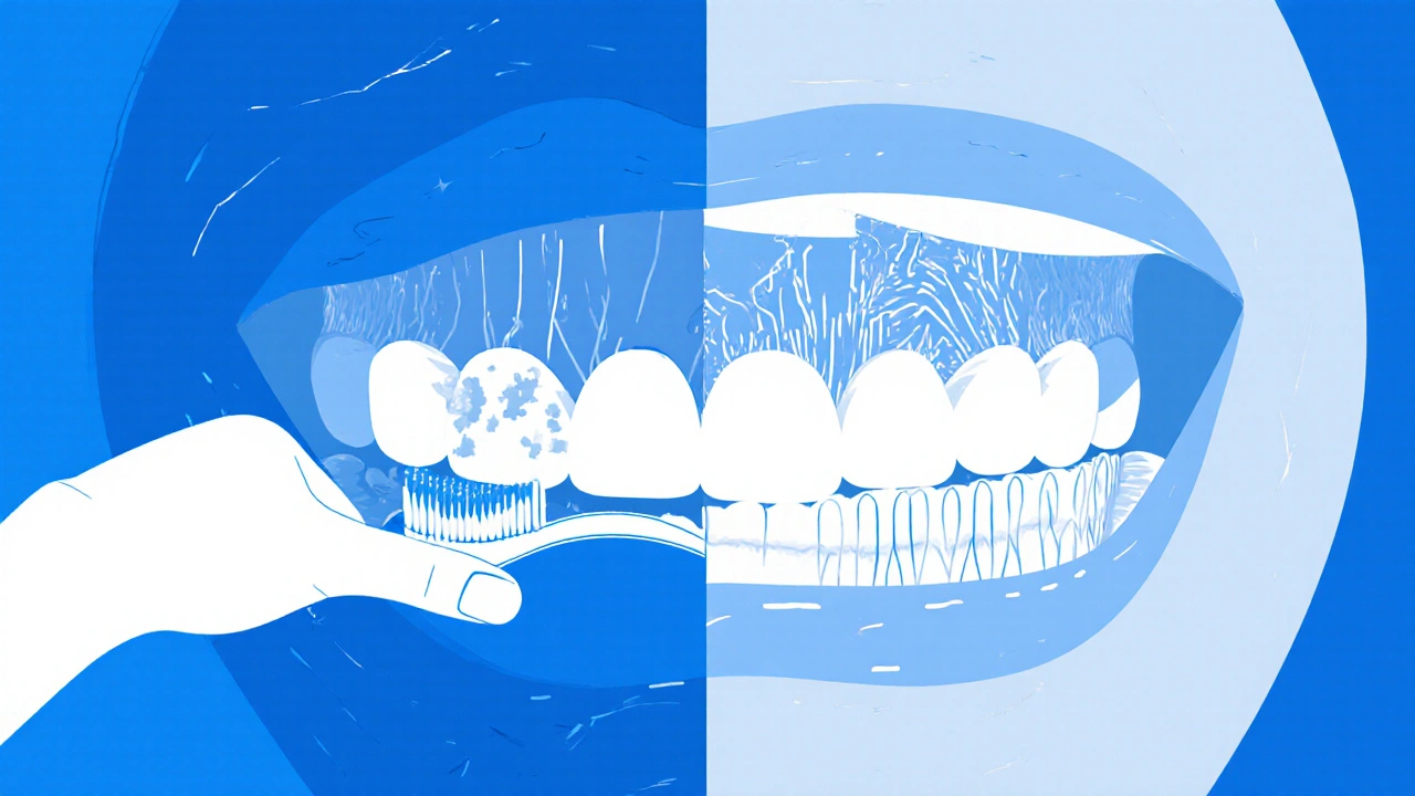 Porovnání špatného a správného čištění zubů: ruční vs. sonický kartáček.