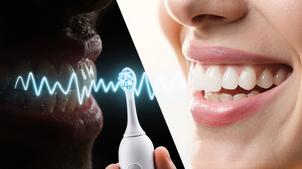 Před a po: tmavý zubní kámen vs. čisté zuby a zdravé dásně.