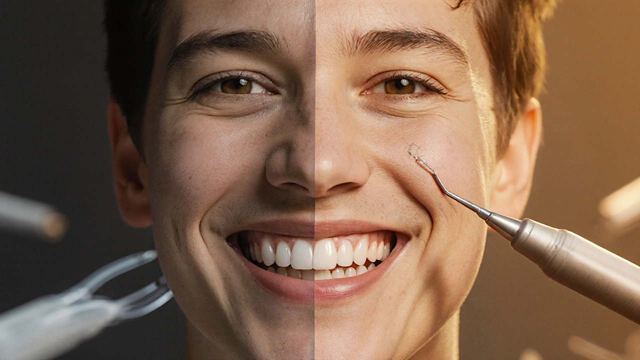 Před a po transformaci zubů: od tmavých a nepravidelných k bílým a rovnoměrným fazetám.