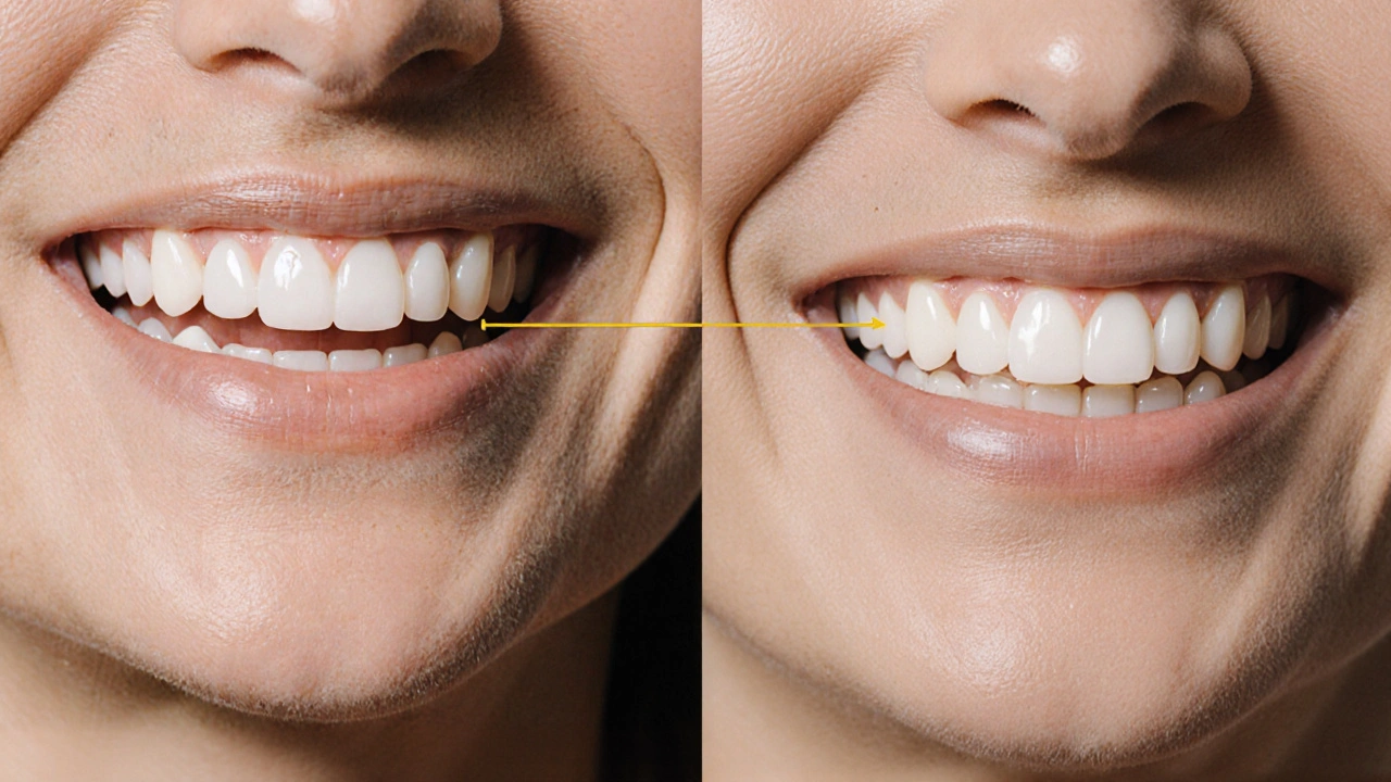 Před a po: zuby s vadami vs. zuby s estetickými fazetami.