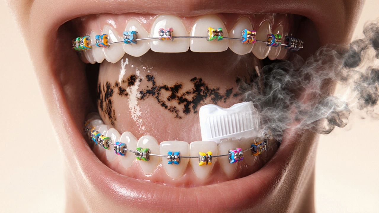 Průhledný pohled na zuby s plakem kolem drátů a gumiček, čistící pasta září.