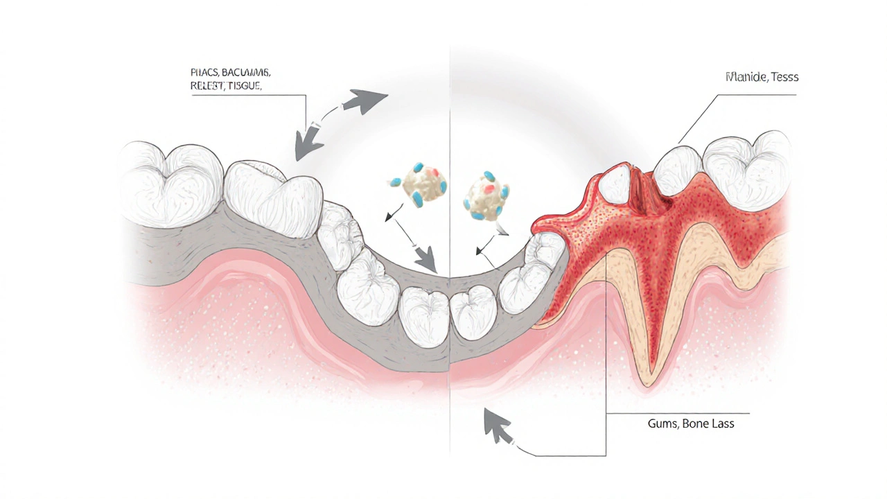 Průřez můstkem ukazující hromadění plaku pod ním a zánět dásní s postupnou ztrátou kosti.