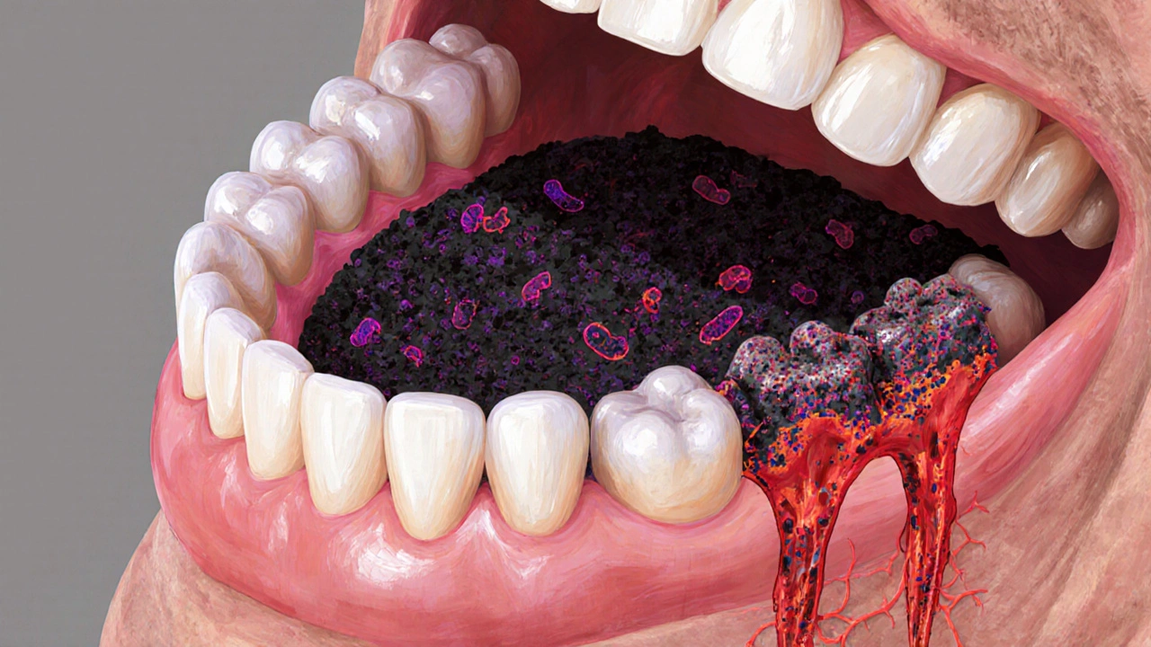 Průřez ústní dutiny s černým kamenem pod dásní a bakteriemi šířícími se do kosti.