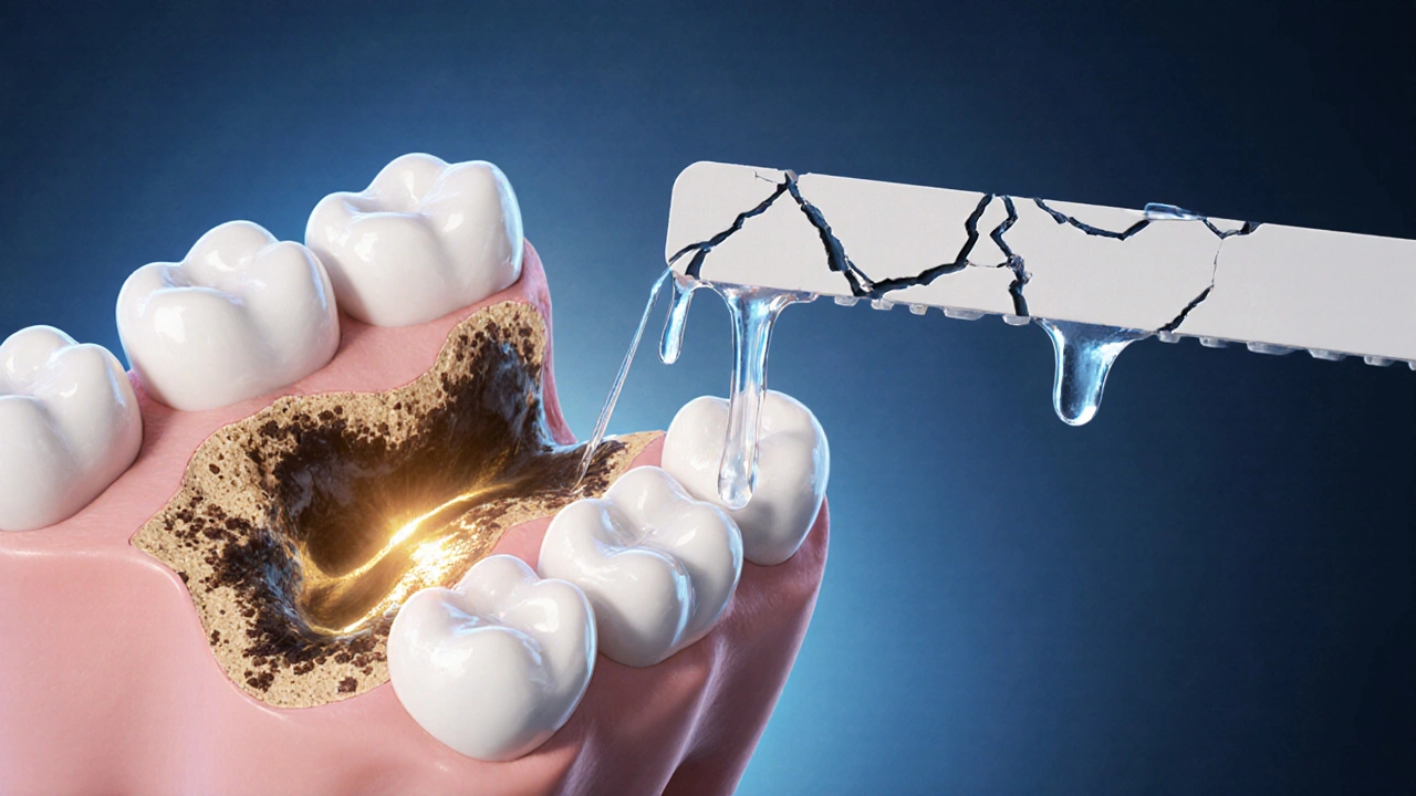 Průřez zubu s pronikáním bělicího gelu a odstraňováním skvrn.