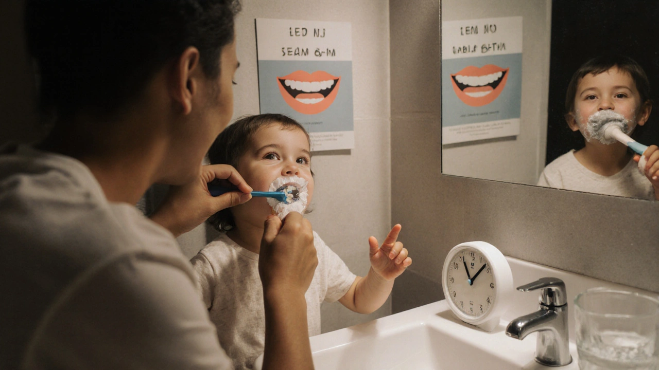 Rodič čistí zuby malému dítěti ve vanečce před spaním.