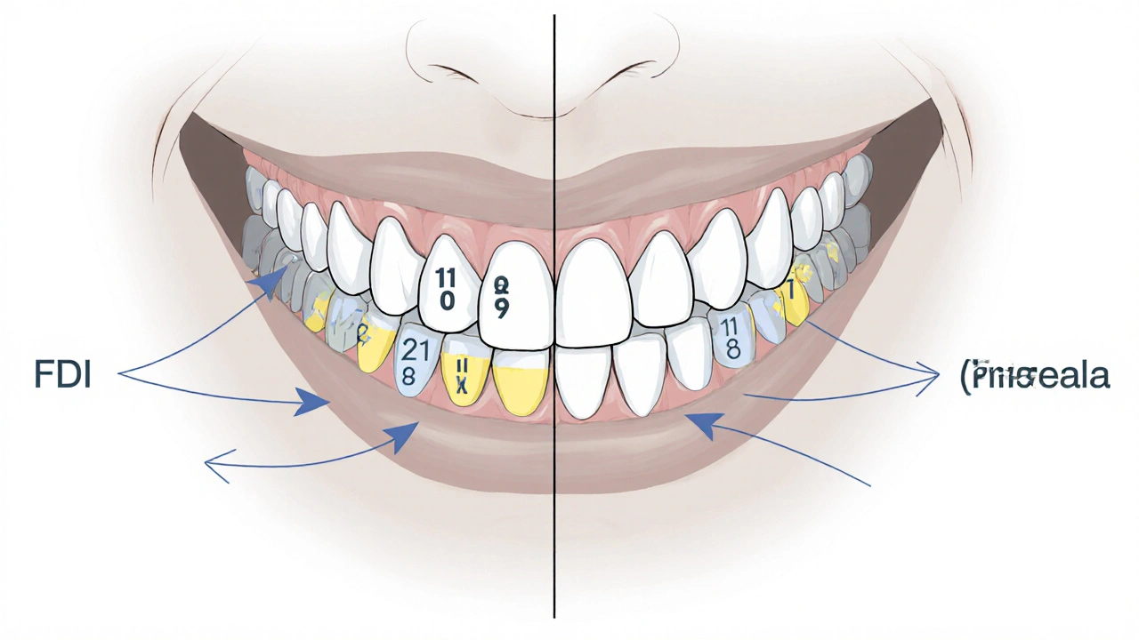 Rozdělení čelisti do čtyř kvadrantů s číslováním zubů podle systému FDI a barevným označením typů zubů.