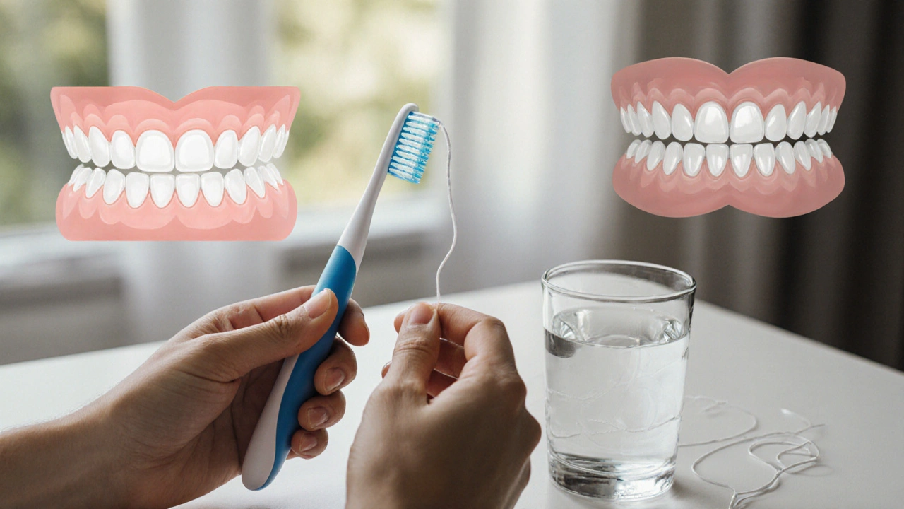 Ruce drží kartáček a nit pro čištění zubů, symbolizující denní péči o umělé zuby.