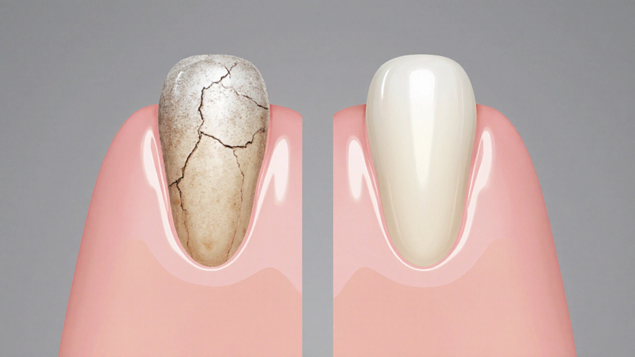 Side-by-side comparison of worn composite and pristine ceramic veneers.