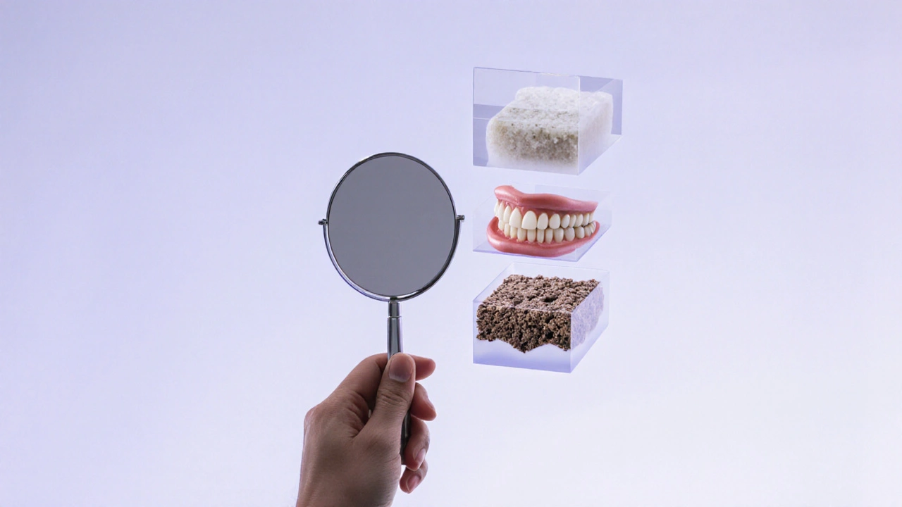 Symbolický obraz plaku a zubního kamene jako přehledných vrstev v prostoru.