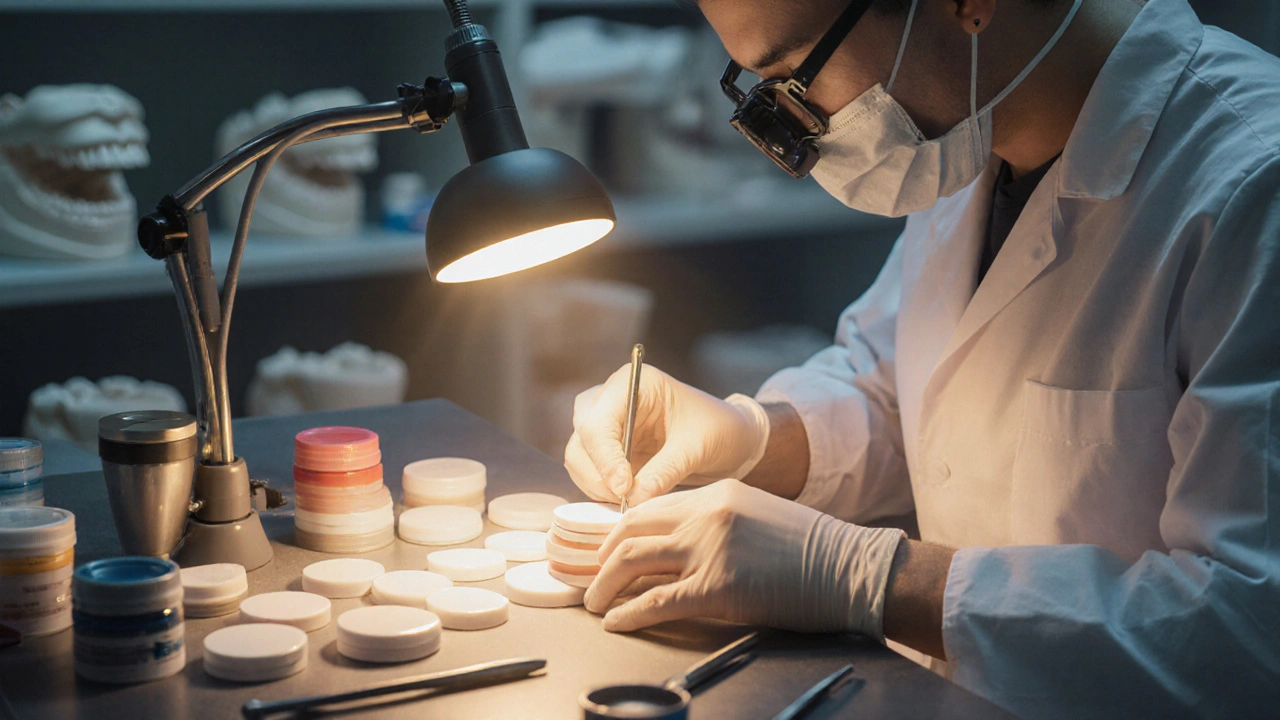 Technik v zubní laboratoři vyrábí keramické fazety.