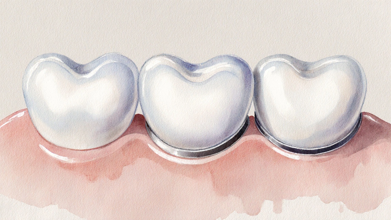 Three types of dental crowns side by side: zirconia, porcelain-on-zirconia, and metal-ceramic.