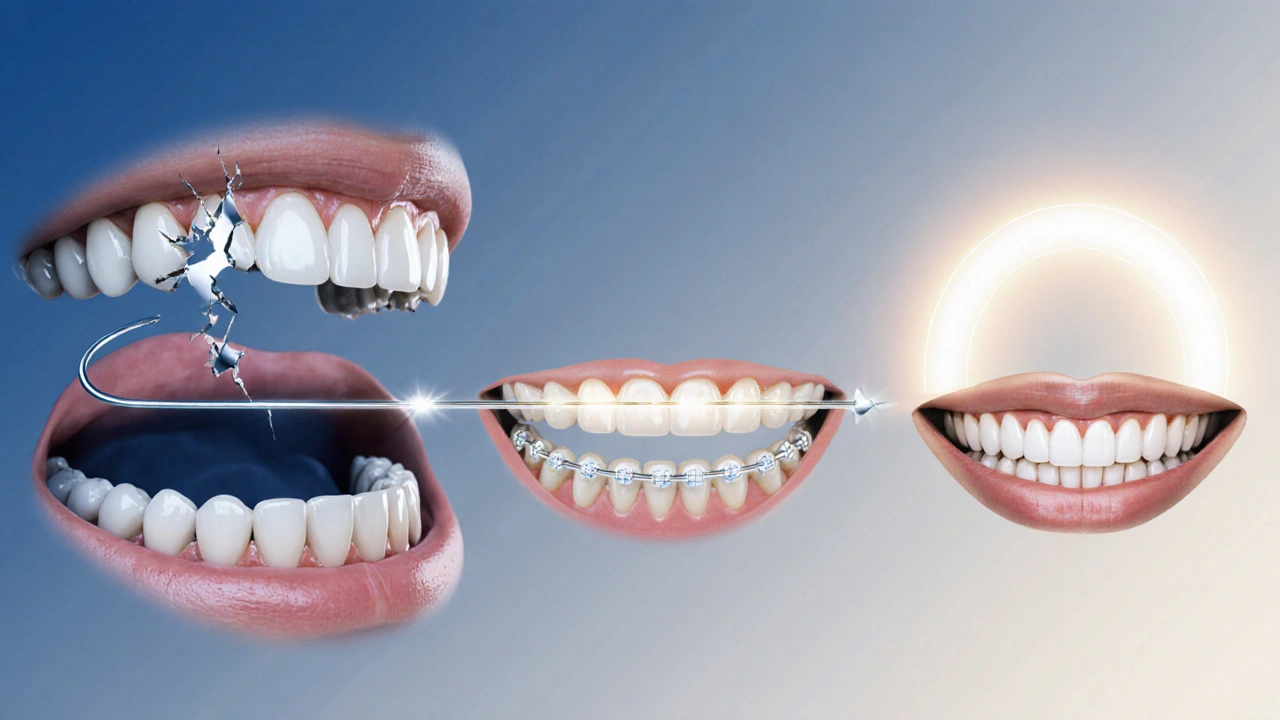 Transformace úsměvu od zkřivených zubů k dokonalému zarovnání pod vlivem oblouku.