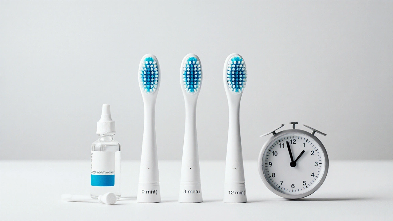 Tři hlavičky sonického kartáčku v různých stádiích opotřebení s časovačem a pastou.