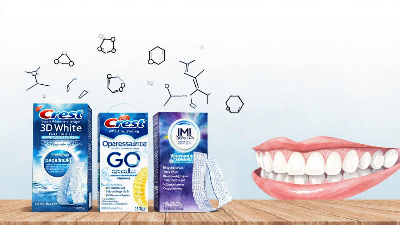 Tři značky bělicích pásek s chemickým principem bělení.