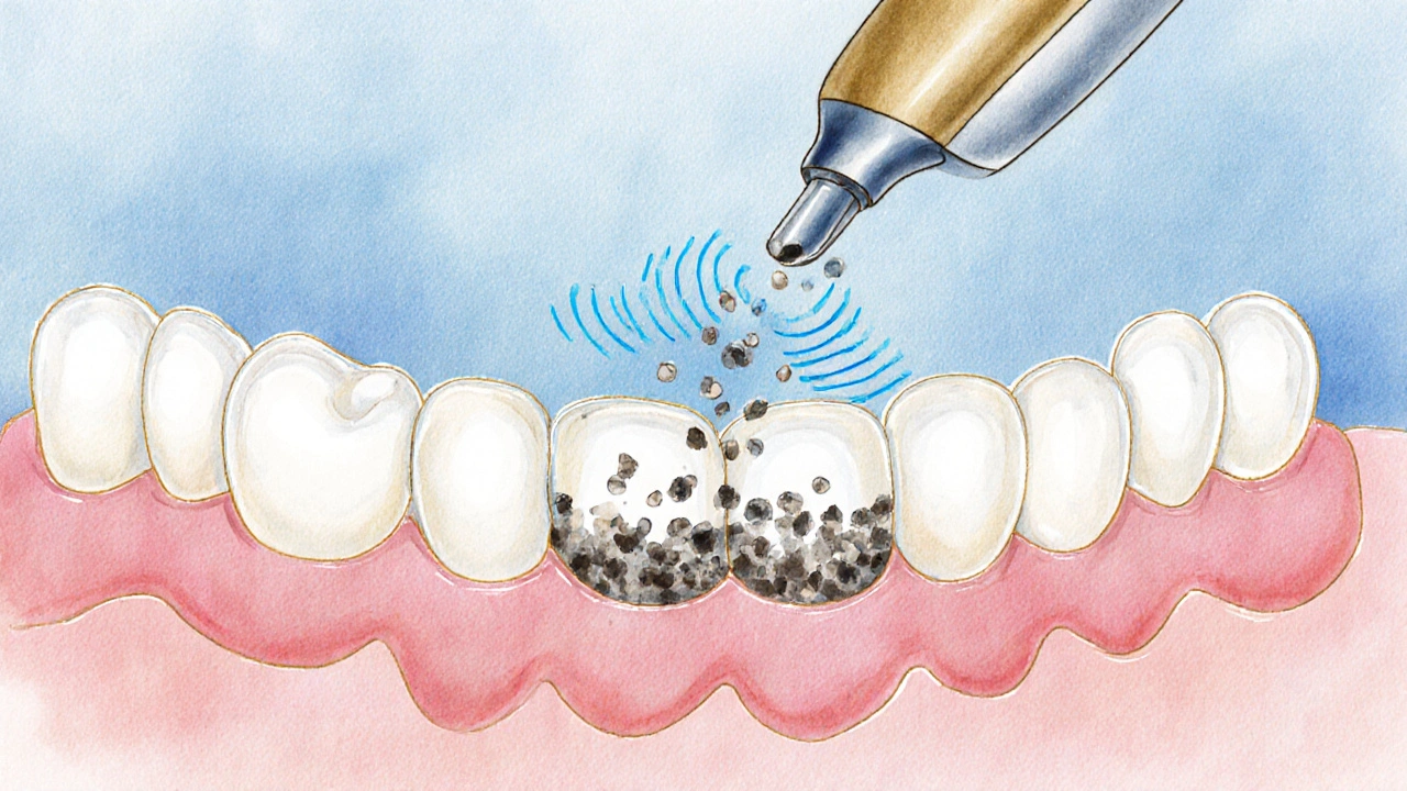 Ultrazvukové vlny rozkládají zubní kámen v ústech, znázorněno jako jemné bubliny.